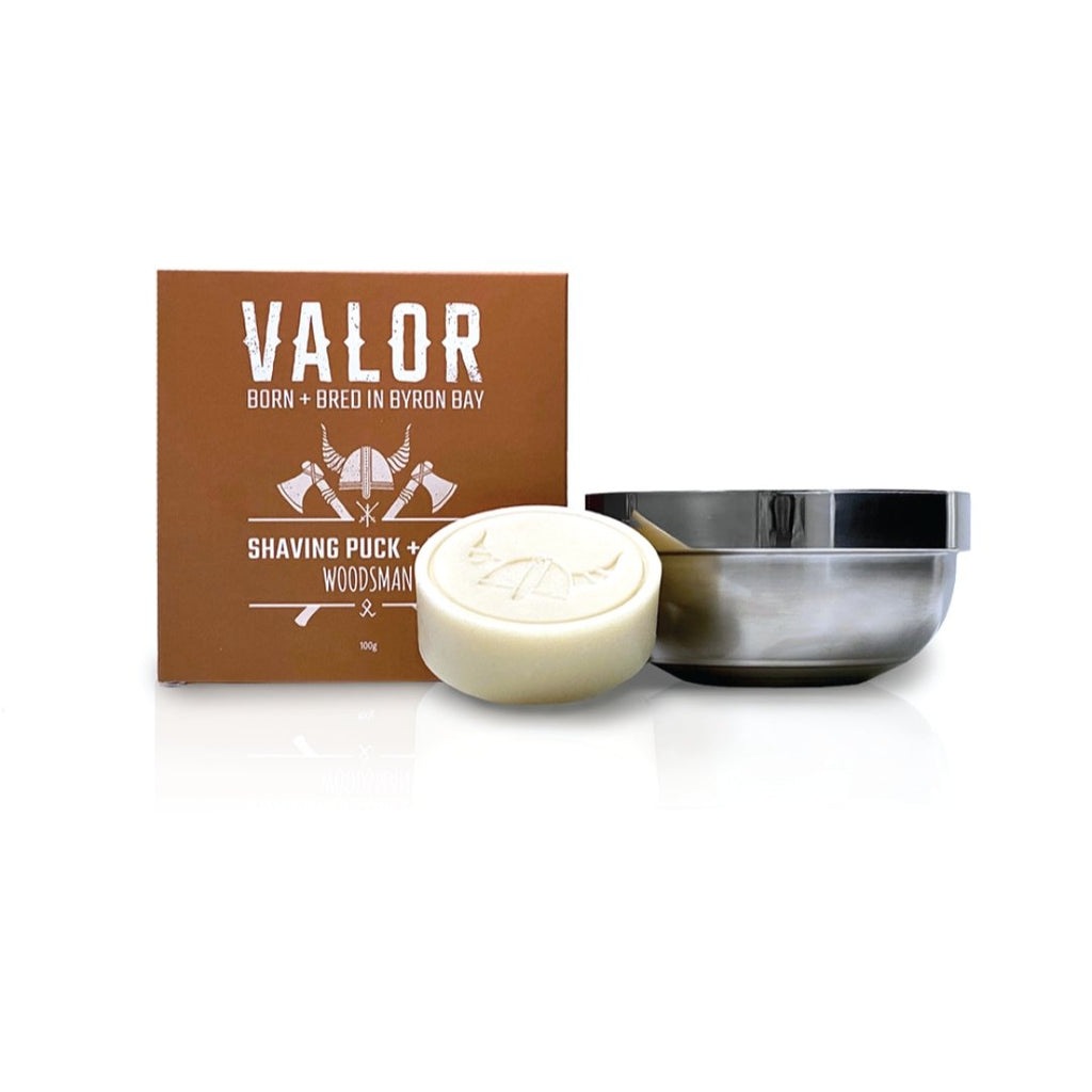 Shaving Soap Puck + Steel Bowl (Woodsman) - Valor Organics