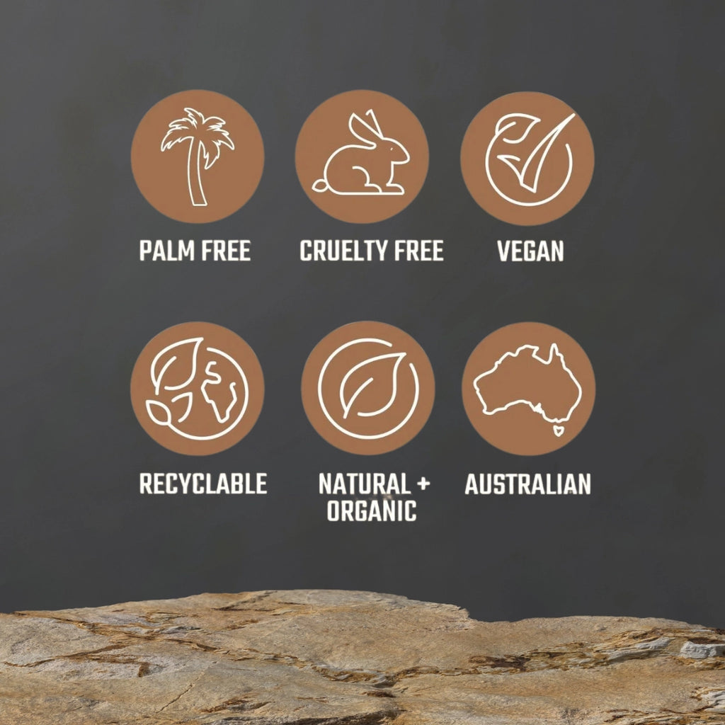 Set of icons representing palm free, cruelty free, vegan, recyclable, natural organic, and Australian on a dark background.