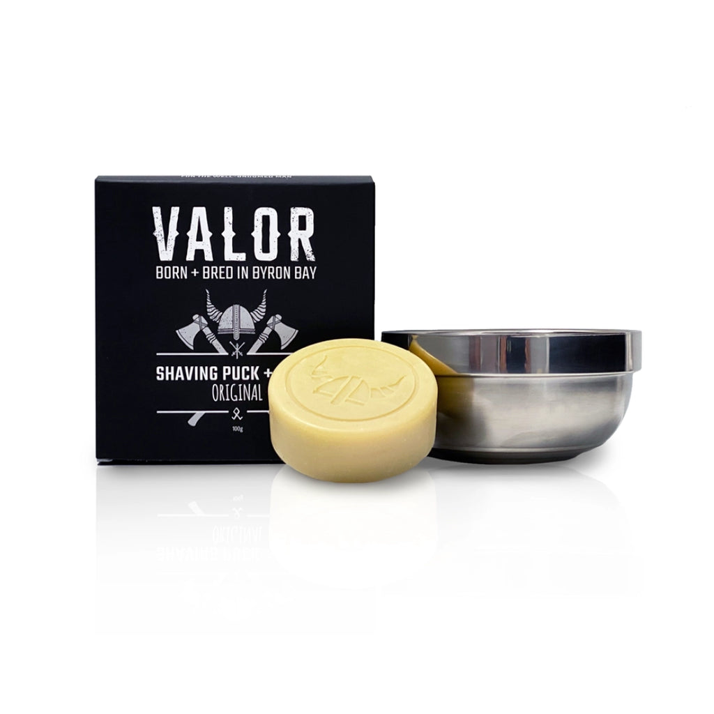 Valor shaving puck and metal bowl on a white background