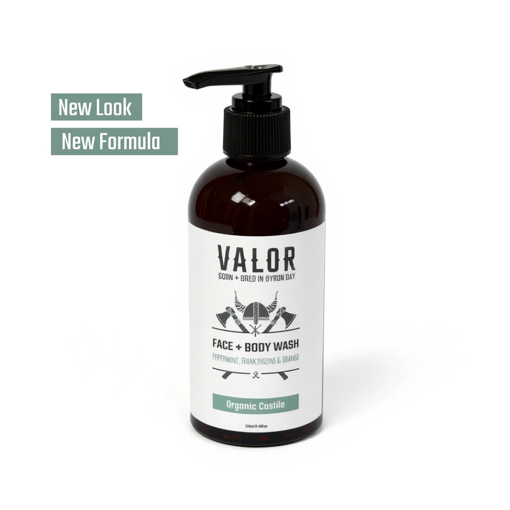 Bottle of Valor face and body wash peppermint on a white background