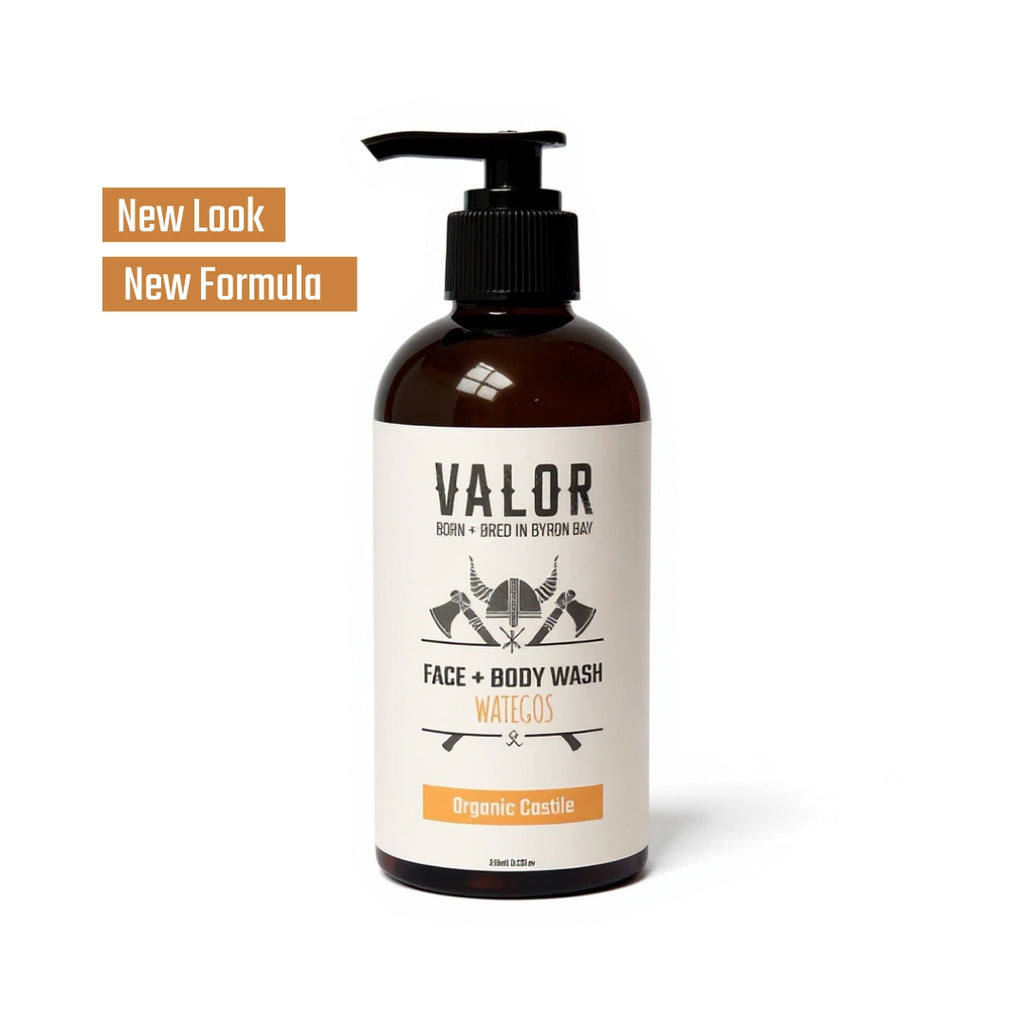 Bottle of Valor Wategos Organic Castile face and body wash with pump on a white background